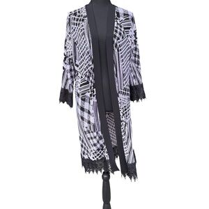 Black & White Geometric Open-Front Cardigan with Lace Trim